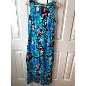VINTAGE Hilo Hattie Tropical Blue Leaf Floral Cotton Sleeveless Maxi Sun Dress16